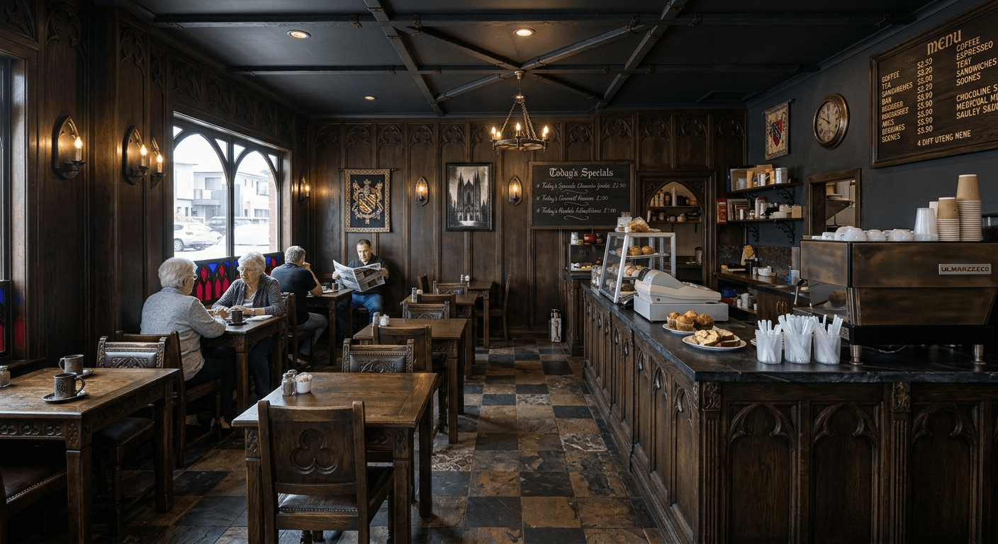 Sophisticated Gothic style cafe interior designed by AI