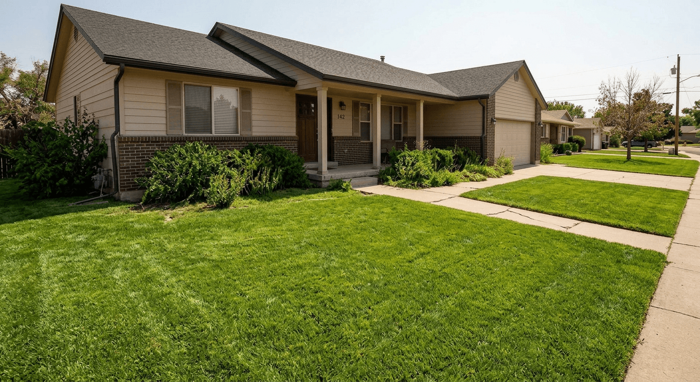 Real estate exterior photograph after AI virtual landscaping showing a beautifully manicured, lush green lawn