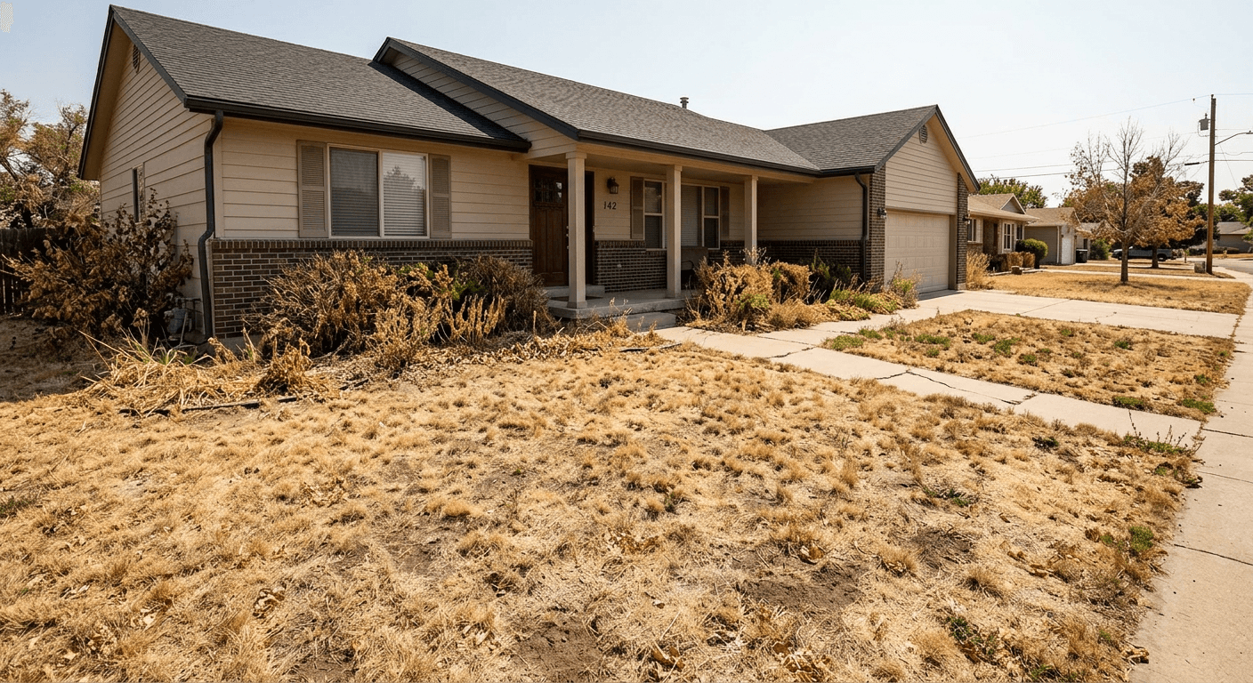 Real estate exterior photograph before AI virtual landscaping showing a brown, dead, and patchy lawn