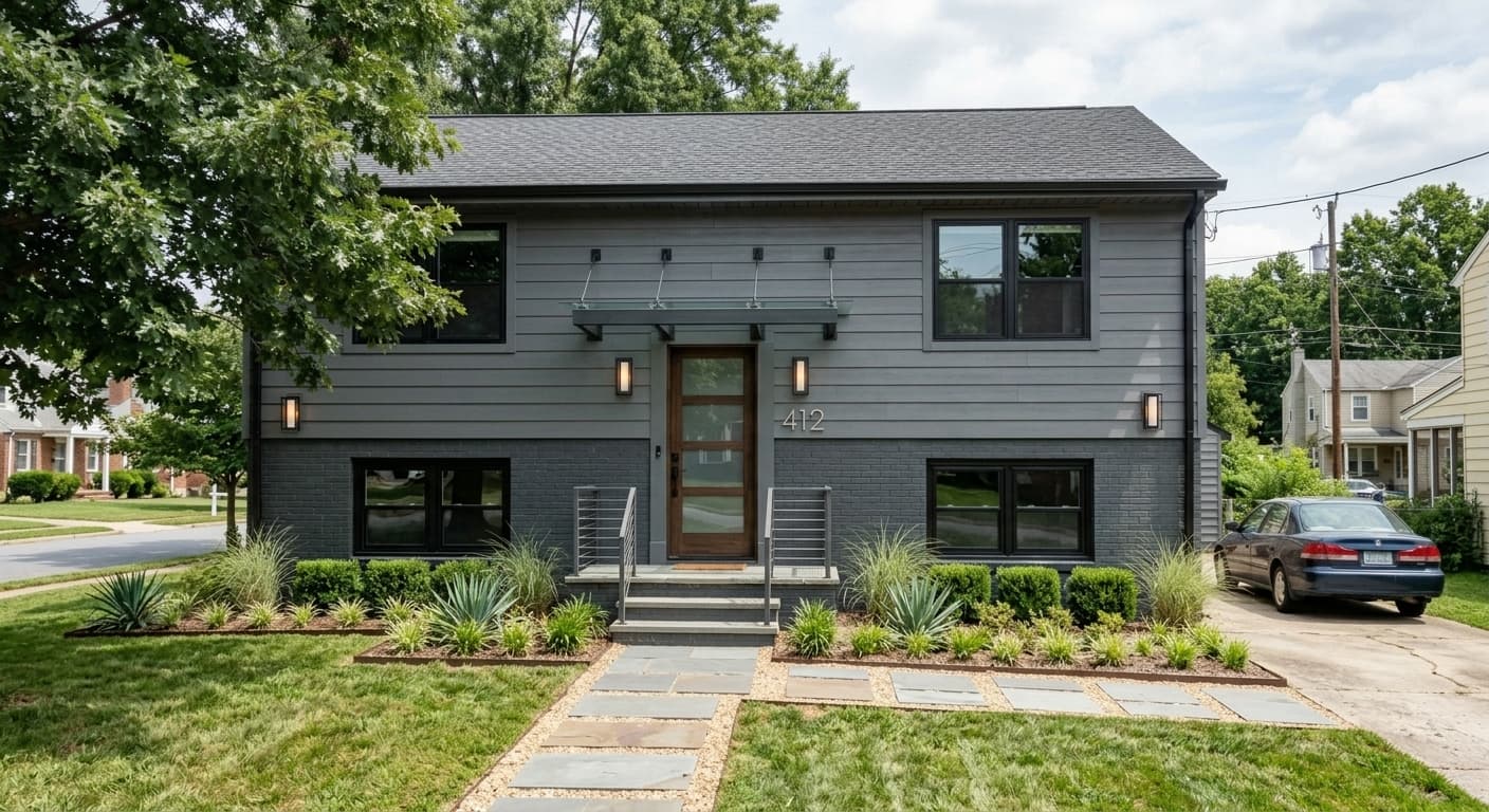 Modern home exterior facelift featuring dark contemporary siding, black-framed large windows, an inviting wood-accented entryway, and manicured architectural landscaping.
