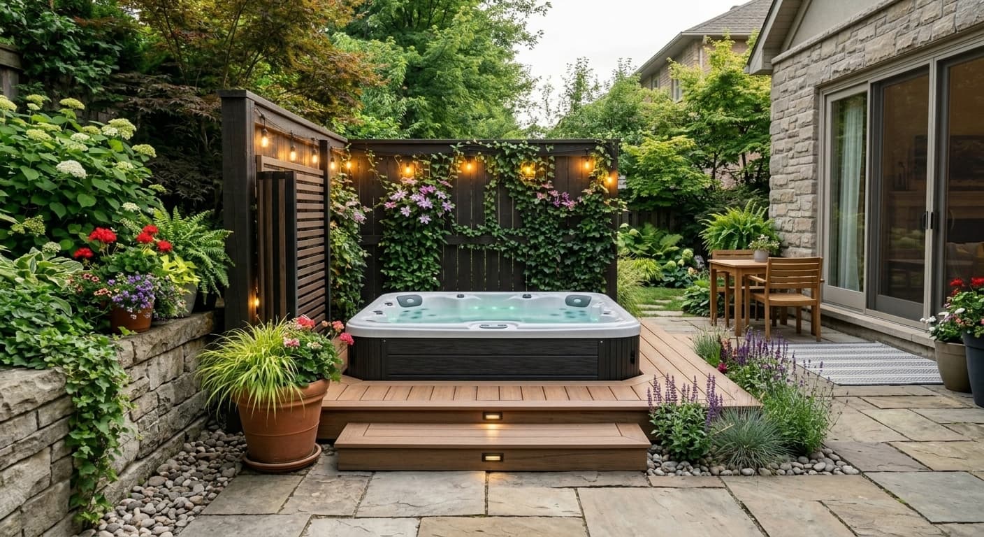 Luxurious hot tub integrated into the backyard with modern decking, landscaping, and ambient lighting