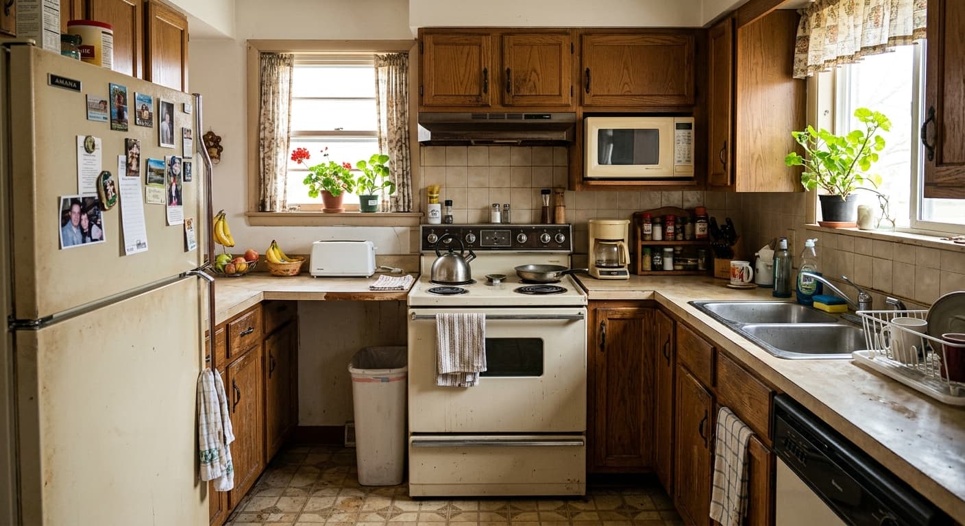 Outdated kitchen before appliance upgrades with standard finishes