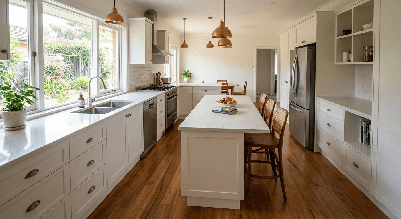 AI generated kitchen showing a stunning modern kitchen island addition perfectly scaled and stylized for the space
