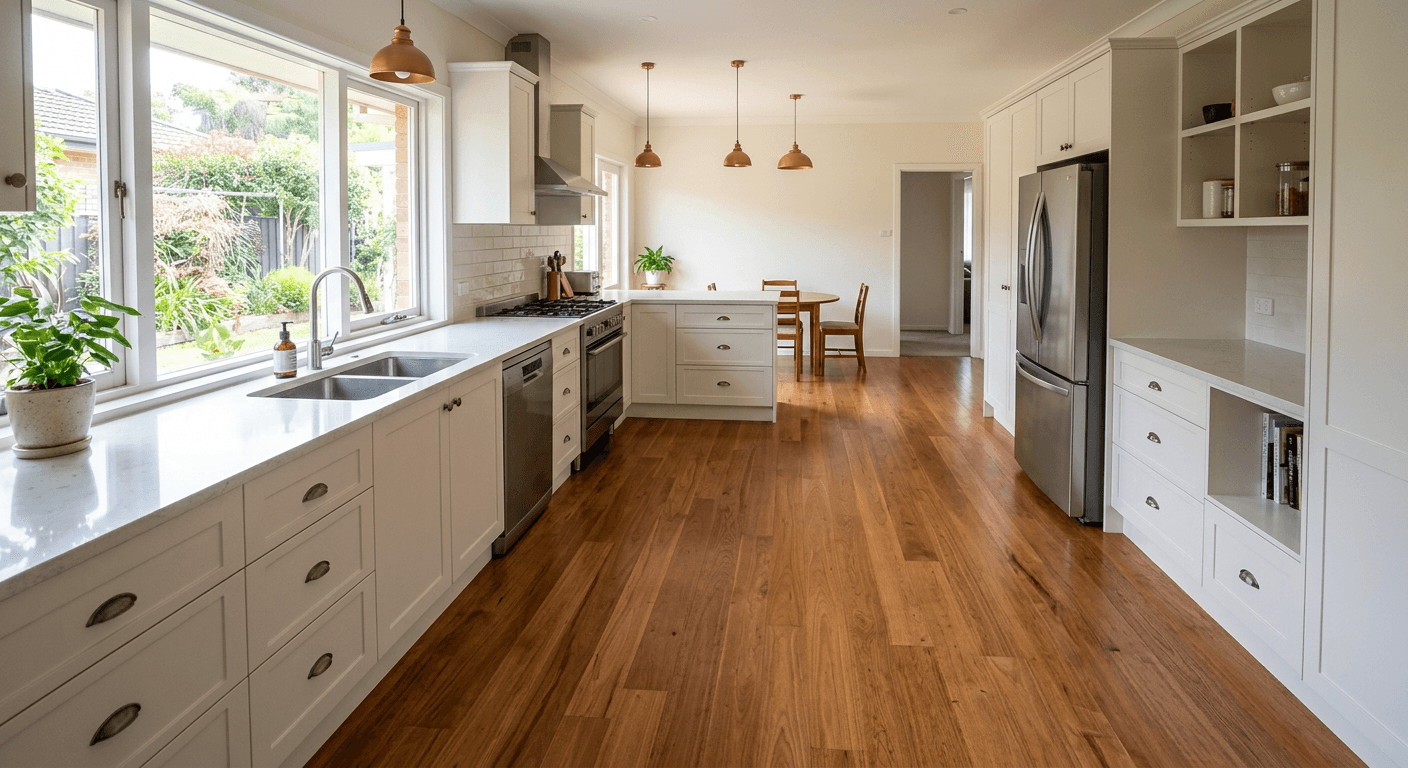 Kitchen space before adding an island, showing open floor space and existing cabinetry layout