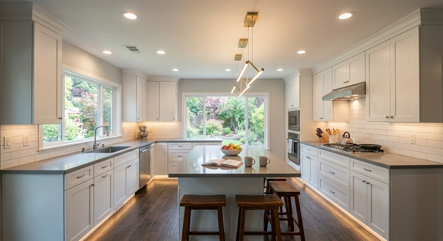 AI Rendered Preview pendant lights, recessed lighting, and under-cabinet lighting in your kitchen. Light up your renovation vision.