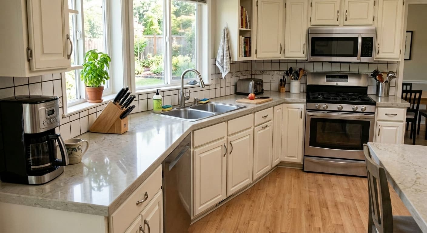 After the upgrade: The same kitchen transformed with brilliant, highly-reflective quartz countertops featuring elegant veining and seamless edges.