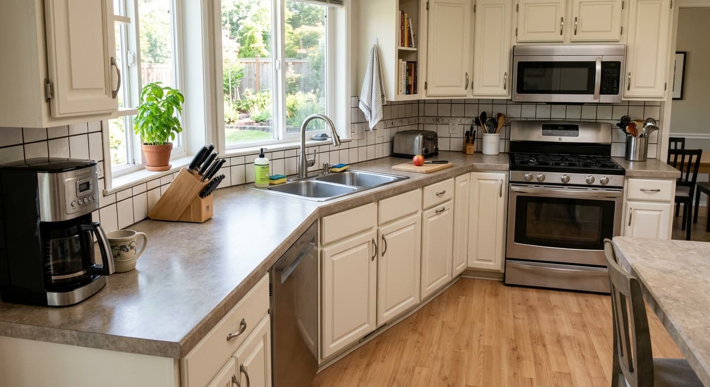 Before the upgrade: A kitchen featuring standard, dated laminate countertops that absorb light and reduce the perceived value of the space.