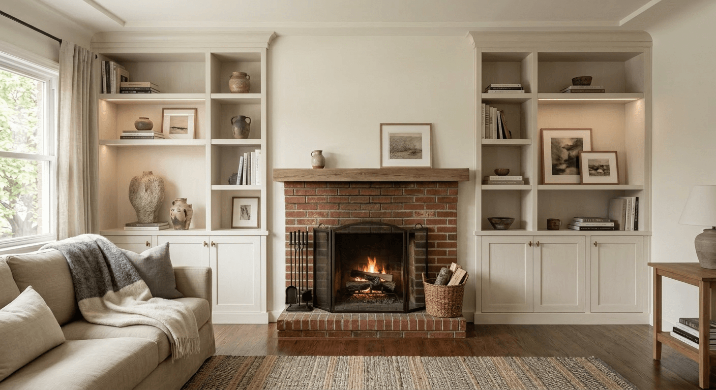 Living room after adding high-end custom built-in bookshelves and cabinetry