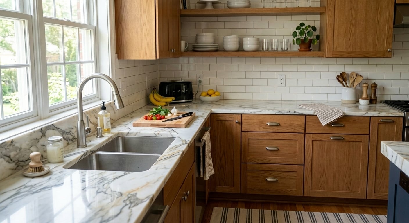 AI Rendered Preview Carrara, Calacatta, or other marble countertops in your kitchen or bathroom. Luxury material, instant preview.