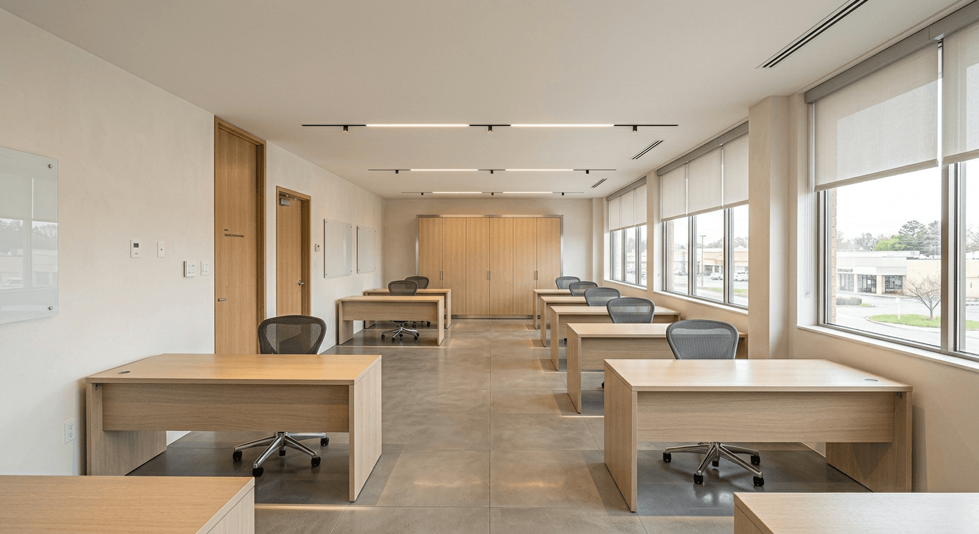 A sleek, AI-designed minimalist commercial office featuring natural light, clean lines, and uncluttered workspaces.