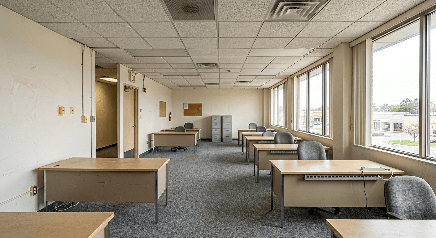 A traditional commercial office before AI minimalist redesign, showing standard layout and potential clutter.