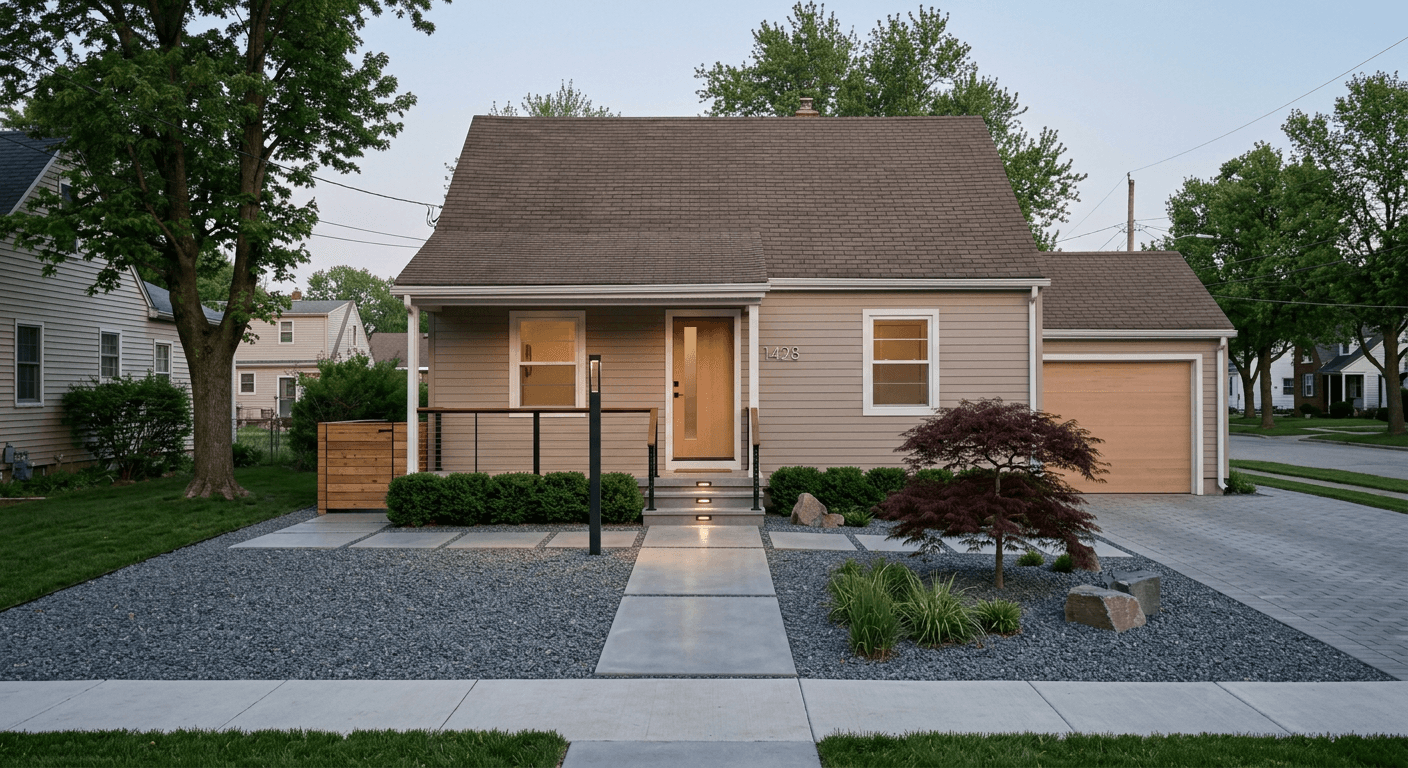 AI generated minimalist front yard with geometric pathways and modern landscaping