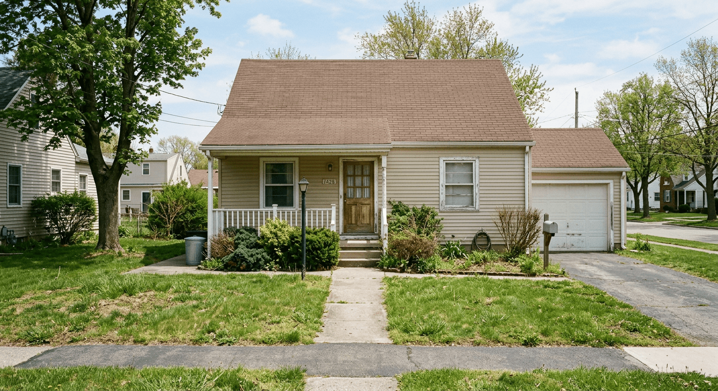 Traditional, cluttered front yard before AI minimalist redesign