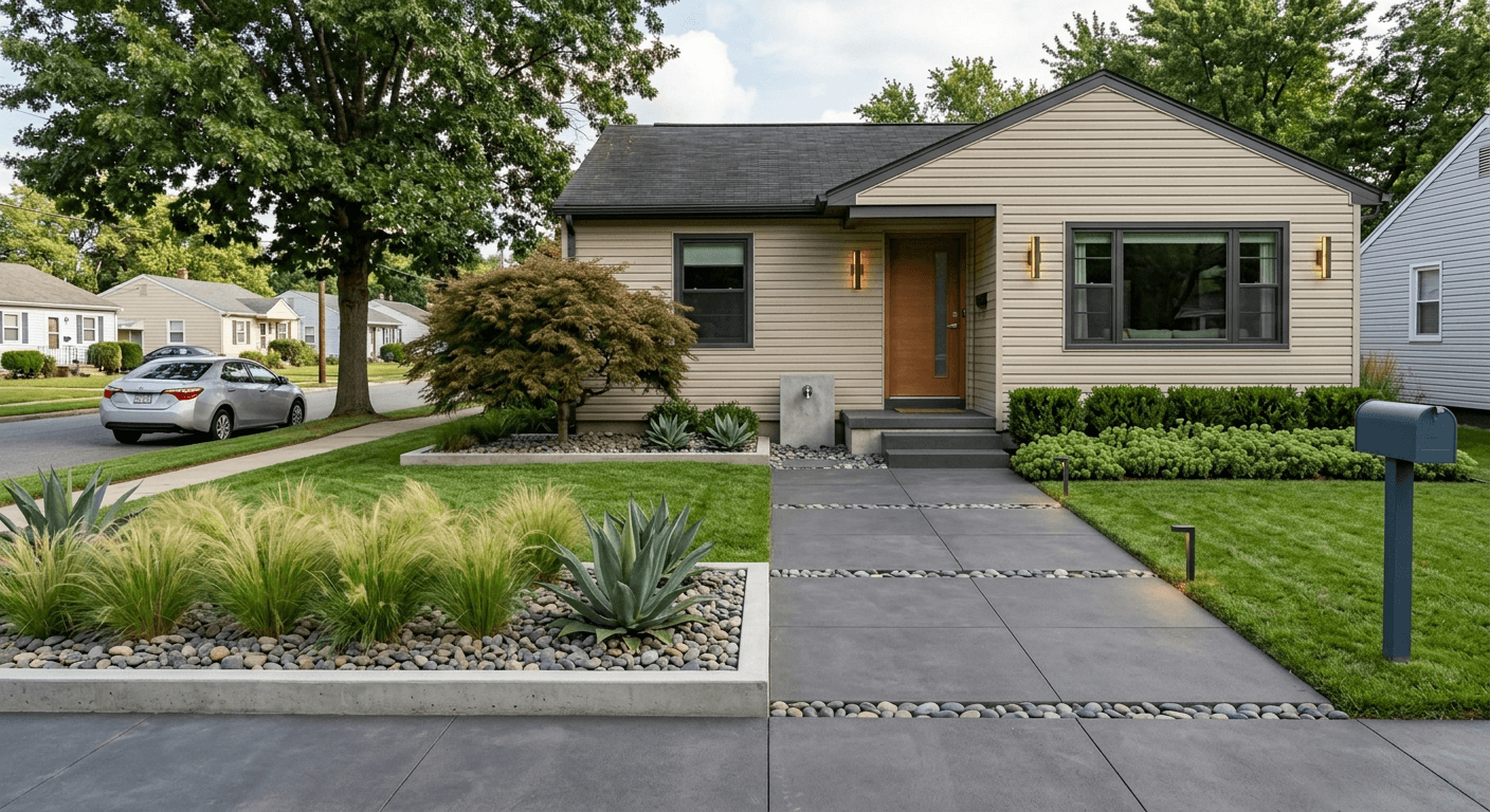 Modern front yard redesign generated by AI featuring sleek hardscaping and architectural lighting
