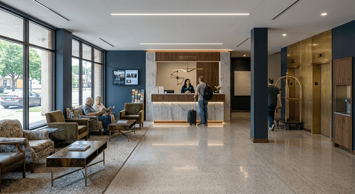 AI Rendered Plan your hotel lobby remodel in Modern style.