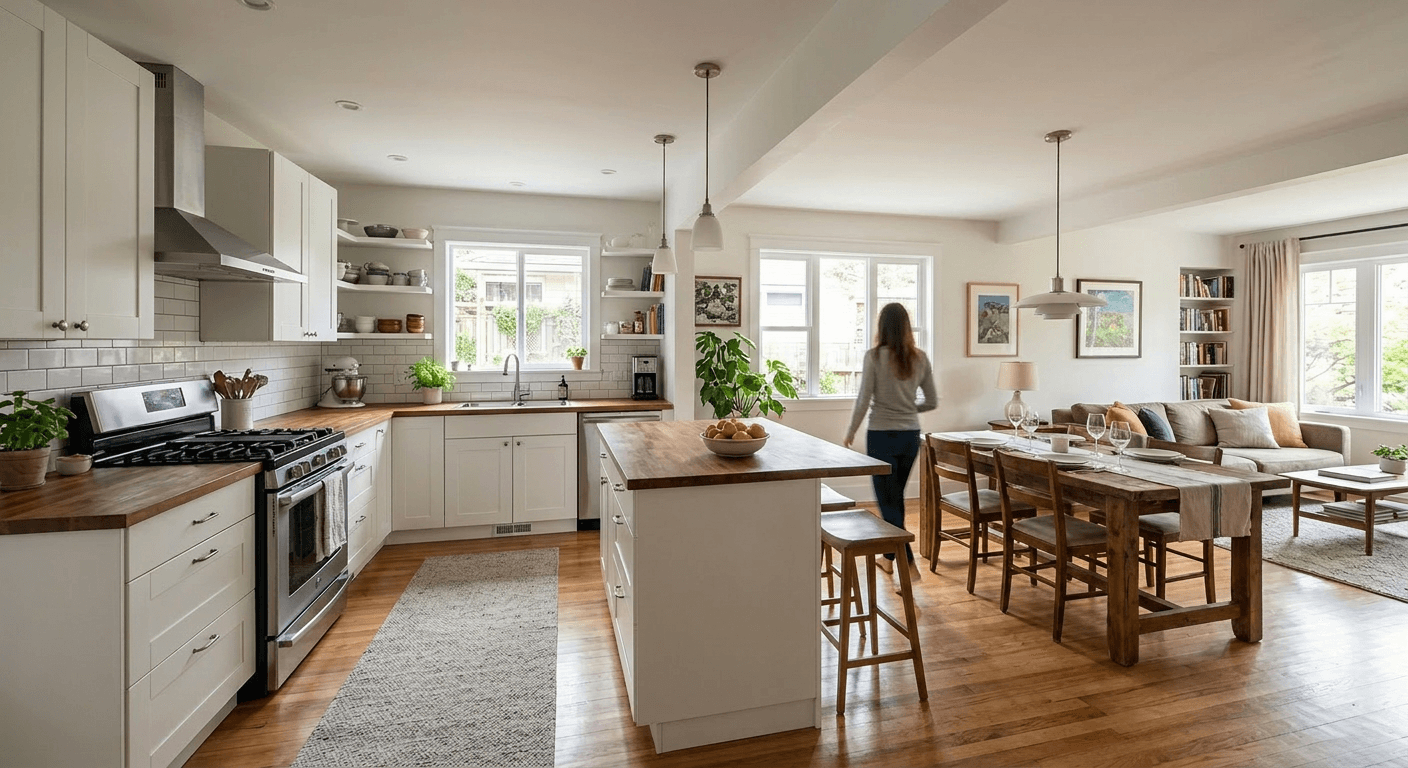 AI Rendered See what your kitchen looks like with the wall removed. Open concept visualization before the contractor arrives.