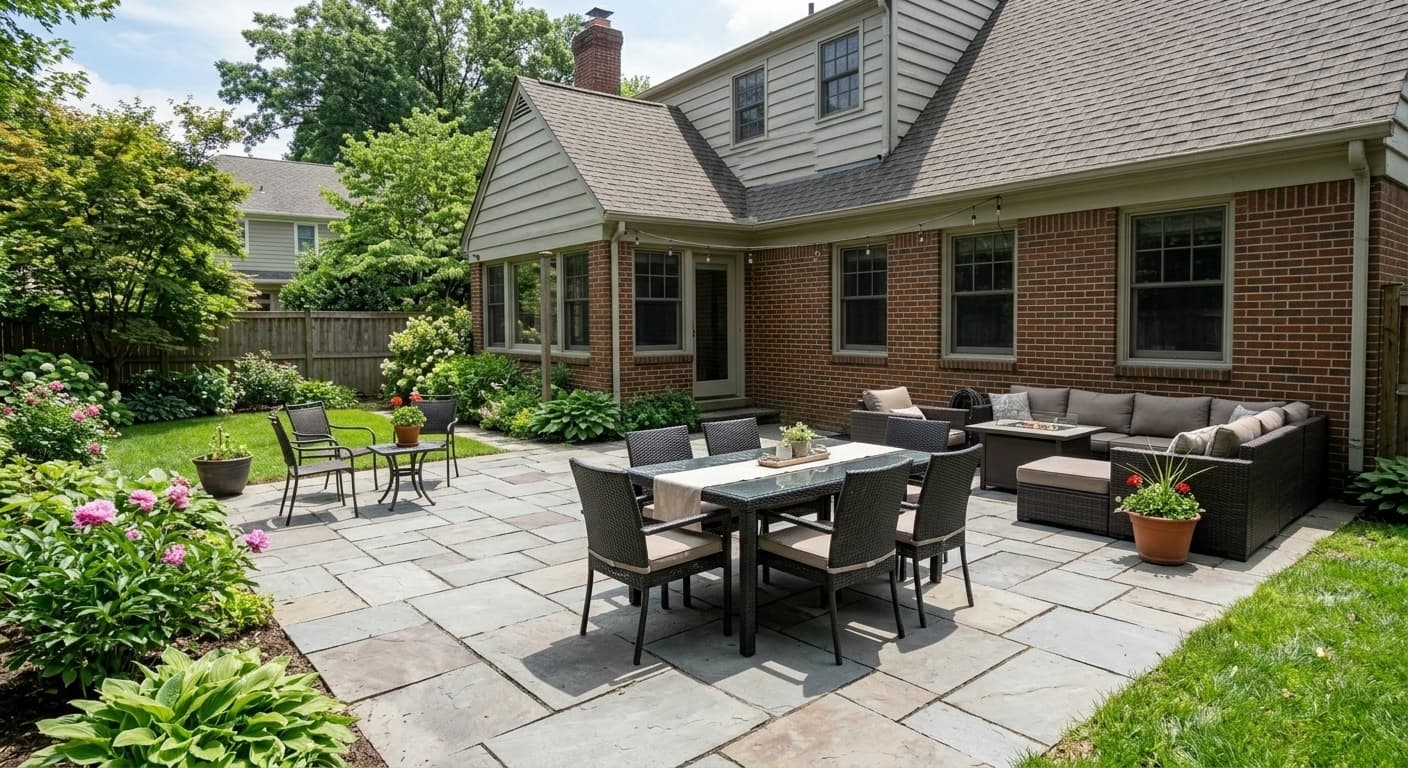 After patio extension: An expansive outdoor living area featuring architectural pavers, seamlessly extending into the backyard.