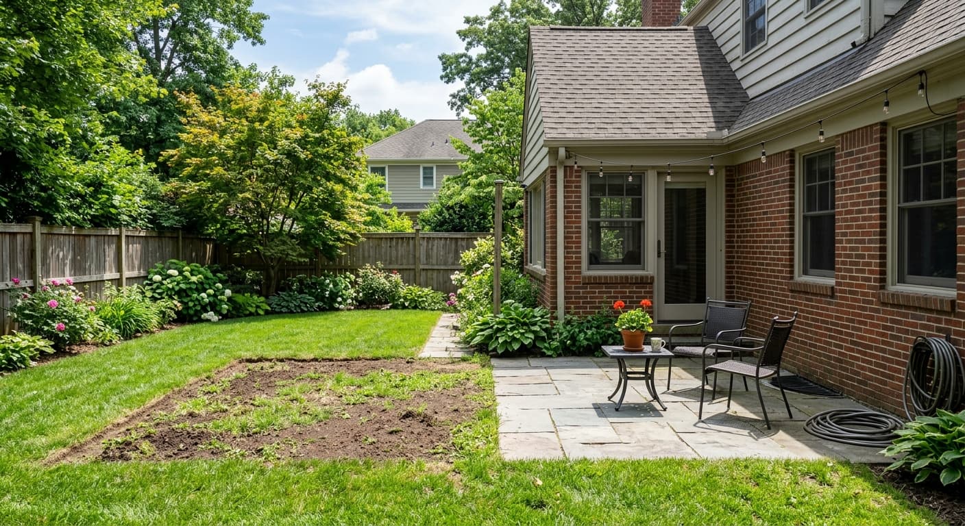 Before patio extension: A small, constrained backyard patio lacking functional outdoor living space.