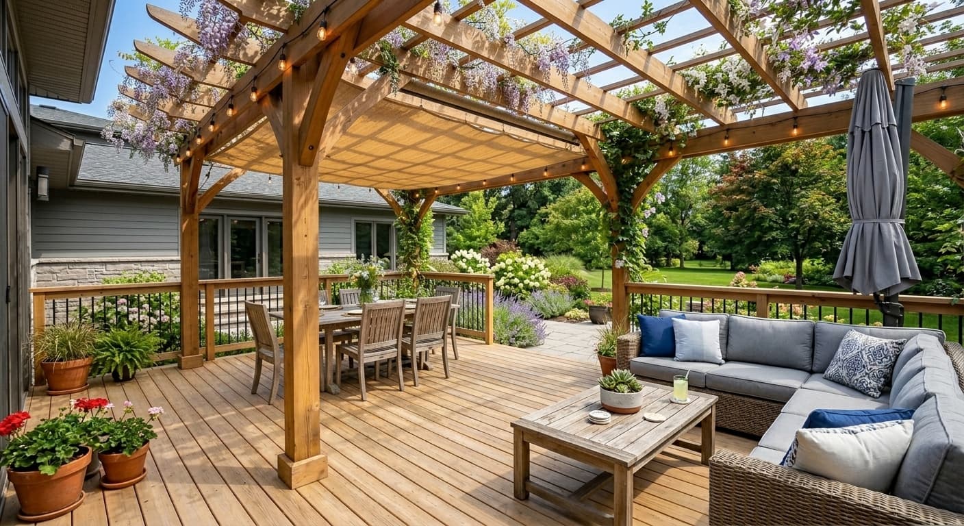 AI Rendered Preview a pergola over your deck or patio. Define outdoor space with architectural structure overhead.
