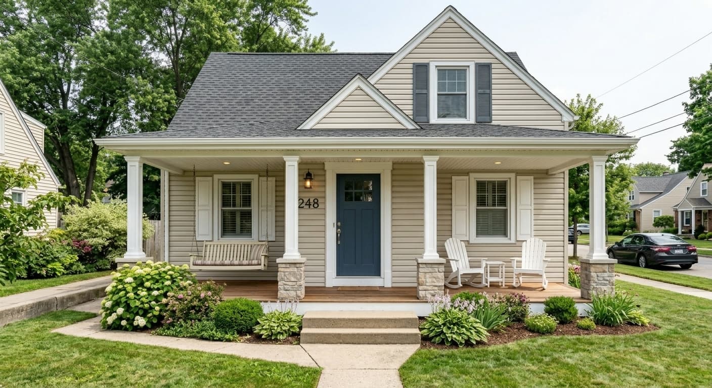Transformed home exterior featuring a newly designed covered porch with structural columns and an extended roofline