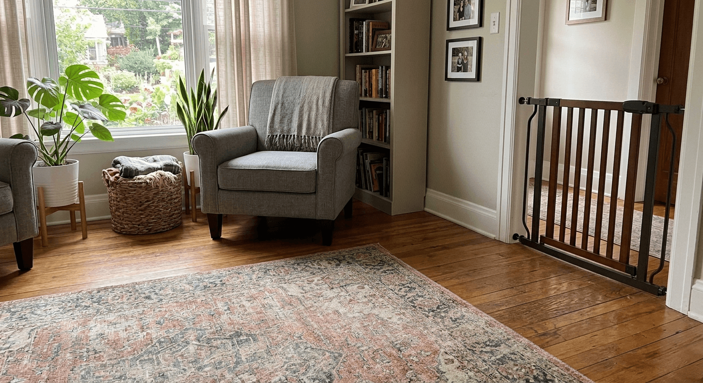 Cleaned real estate listing photo with pet items digitally removed and flooring seamlessly reconstructed by AI