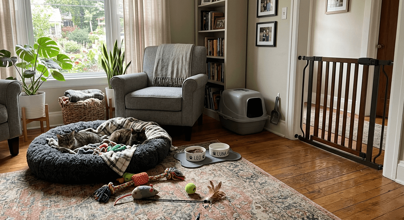 Real estate listing photo showing distracting pet beds, food bowls, and toys on the floor