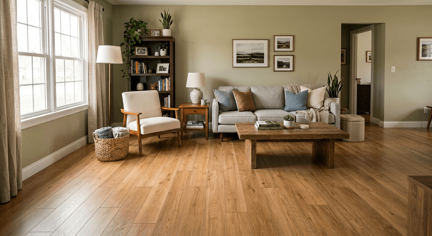 The same living room virtually staged by ai-architectures.com, showcasing beautiful, glowing hardwood floors replacing the old carpet.