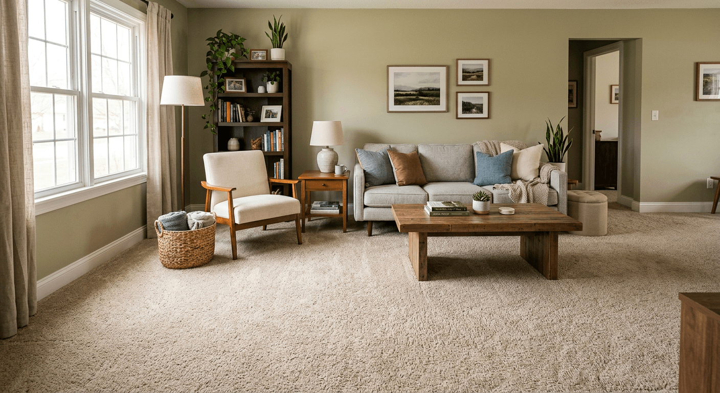 A dated living room featuring worn, outdated wall-to-wall carpeting before virtual renovation.