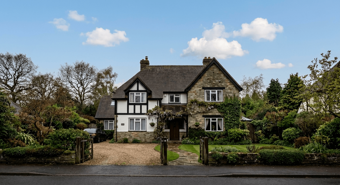 The same real estate property transformed by AI-Architectures, featuring a vibrant blue sky, enhanced ambient lighting, and spectacular curb appeal.
