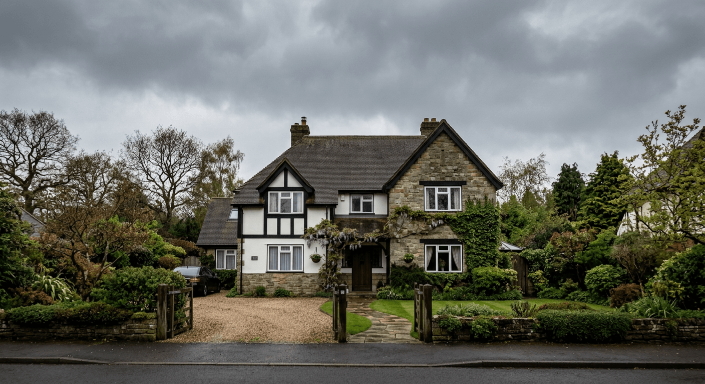 A real estate property photographed under a gloomy, gray overcast sky, reducing curb appeal and architectural vibrancy.