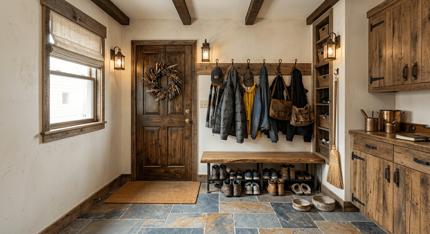 After the rustic mudroom remodel - featuring reclaimed wood lockers, stone flooring, and warm aesthetic lighting