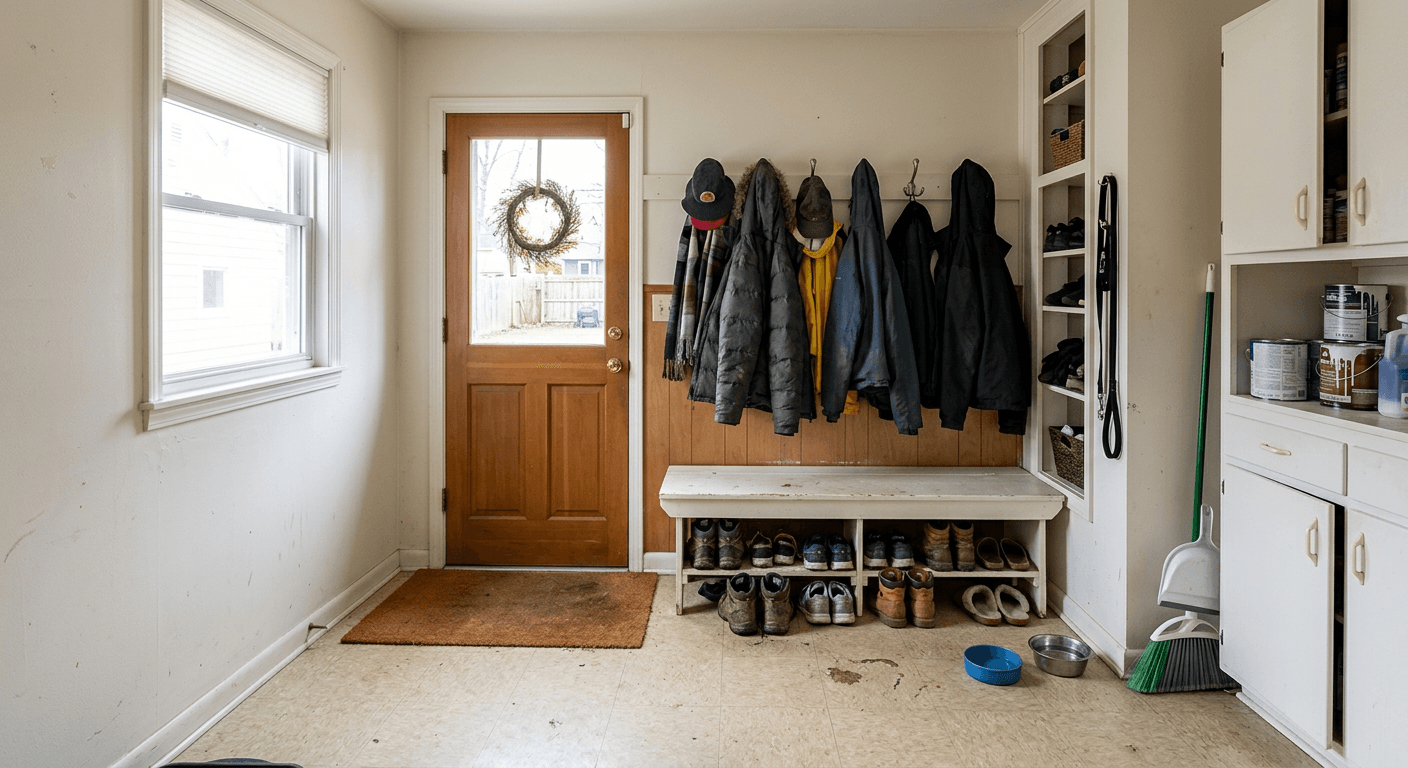 Before the mudroom remodel - a basic, cluttered, and unoptimized entryway space lacking rustic character