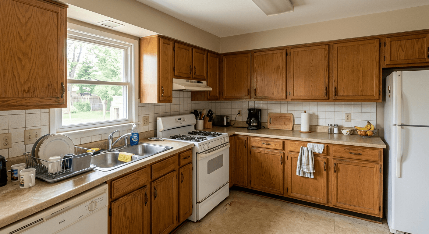 Standard kitchen interior before AI Shabby Chic redesign