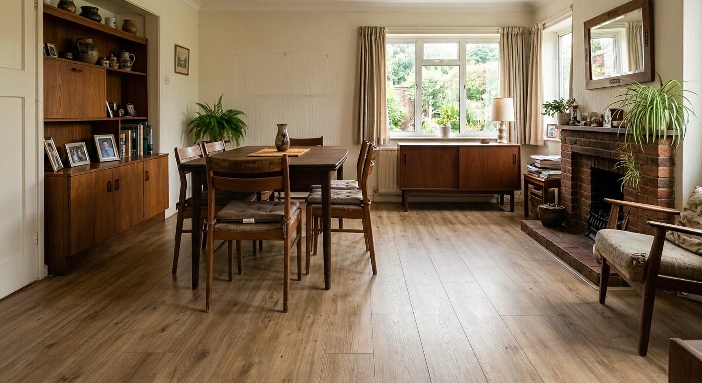 After: The same interior space dramatically transformed by AI, featuring warm, modern luxury vinyl plank (LVP) wood-look flooring.