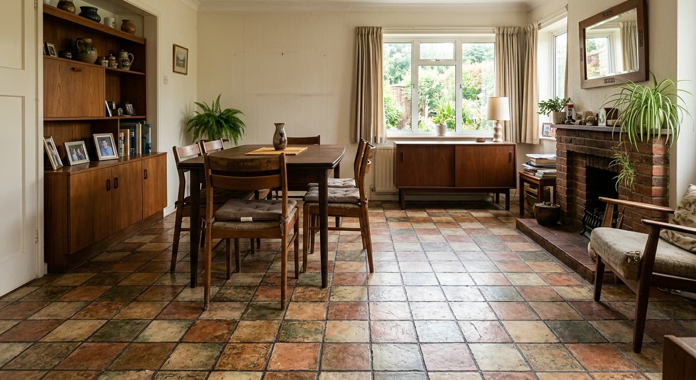 Before: An interior space featuring old, dated ceramic tile flooring with visible grout lines, looking cold and outmoded.