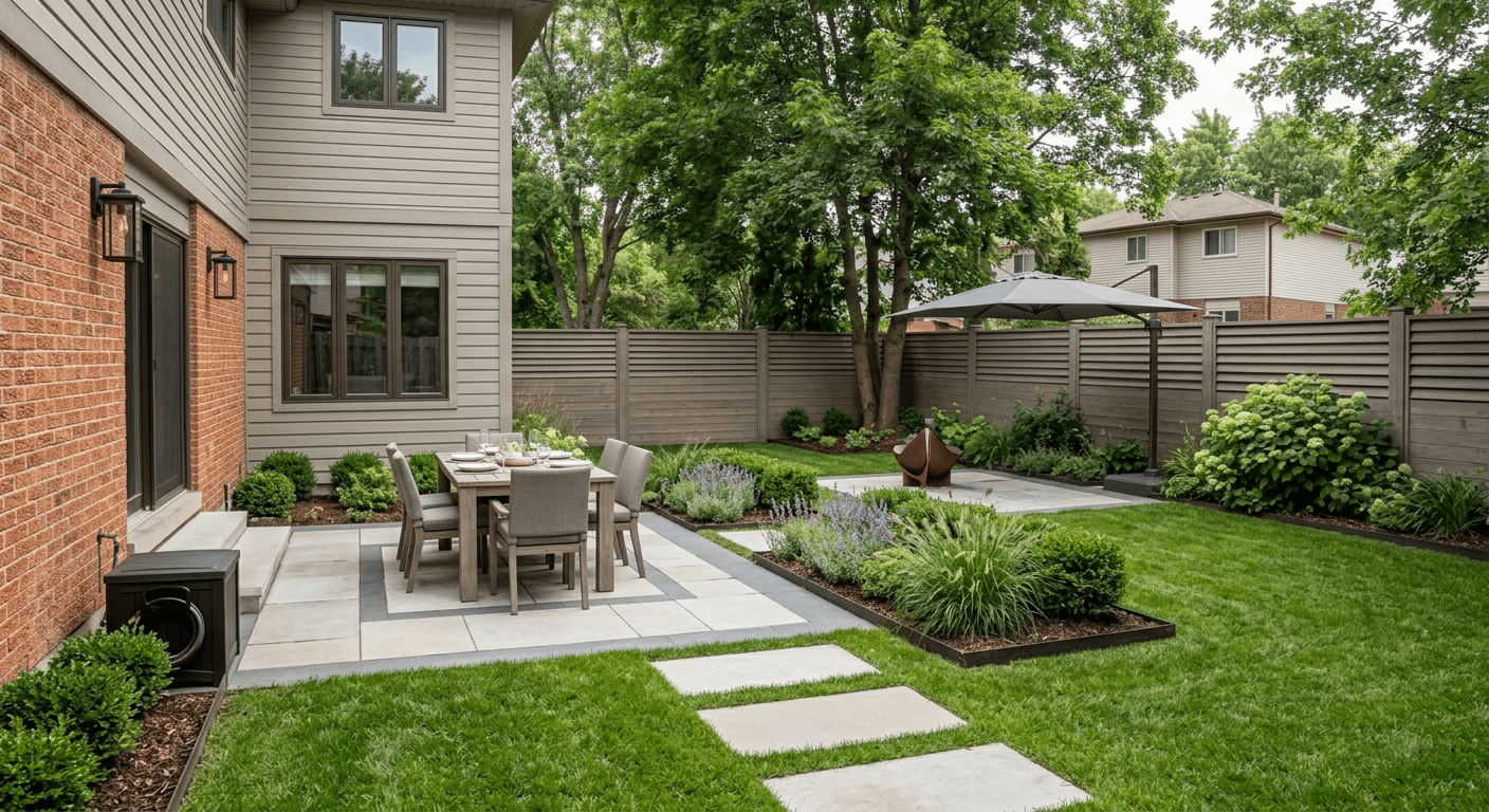 A stunning AI-generated transitional backyard featuring clean modern lines, classic stone textures, and comfortable outdoor living spaces.