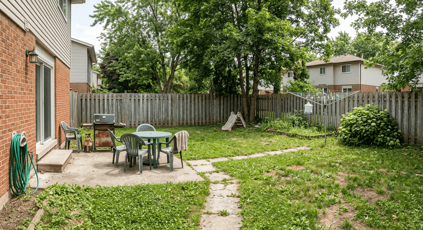An outdated, uninspired backyard before undergoing an AI-driven transitional redesign.