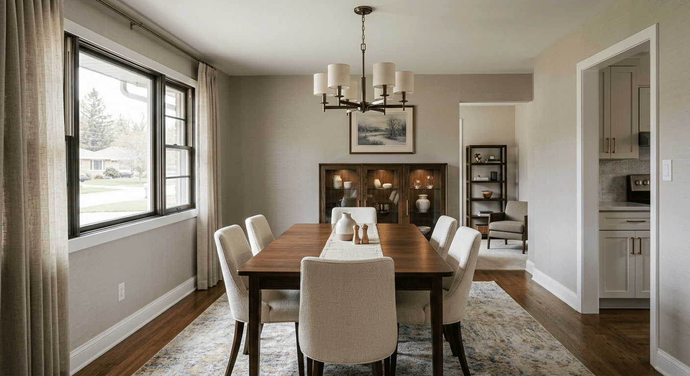 After the dining room remodel: A masterful transitional design featuring a neutral palette, modern structural lines, sophisticated millwork, and balanced architectural lighting.
