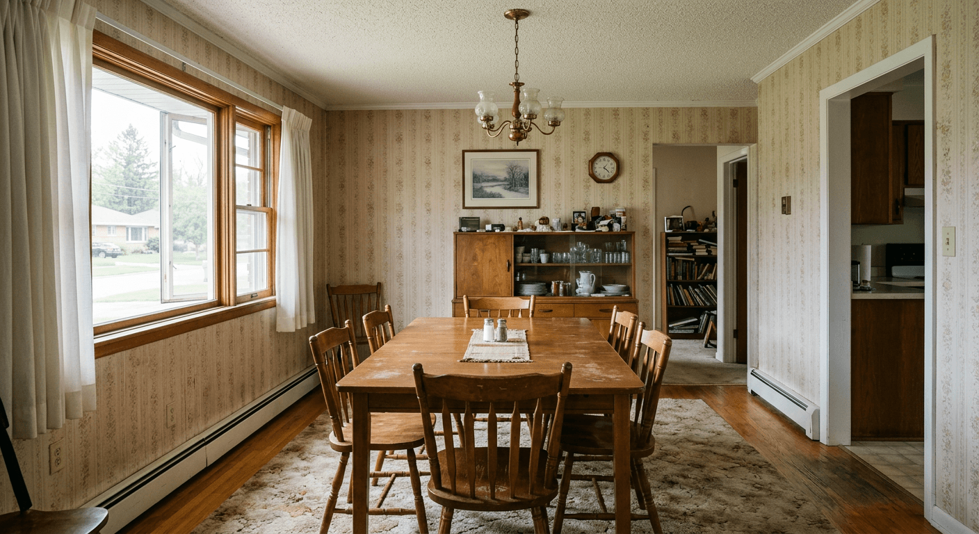 Before the dining room remodel: A dated, traditional dining space lacking modern lighting, spatial flow, and cohesive transitional design elements.