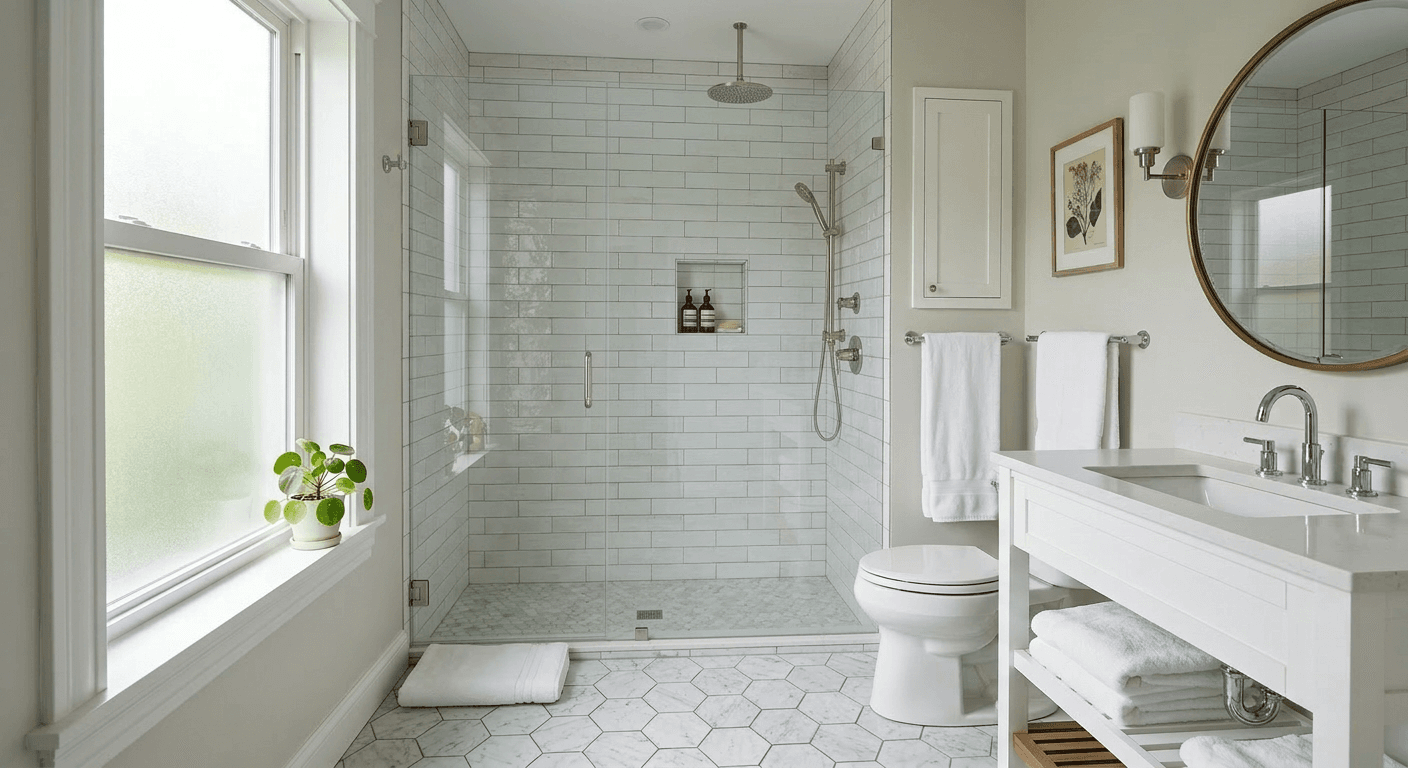Modern luxurious walk-in shower AI design replacing the old bathtub - After Renovation