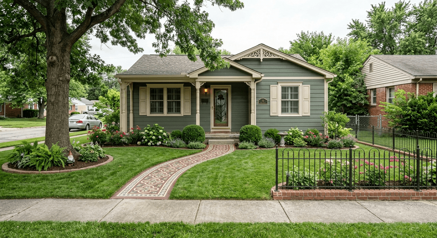 A stunning AI-generated Victorian front yard featuring wrought iron fences, intricate geometric brick pathways, and lush topiary gardens.
