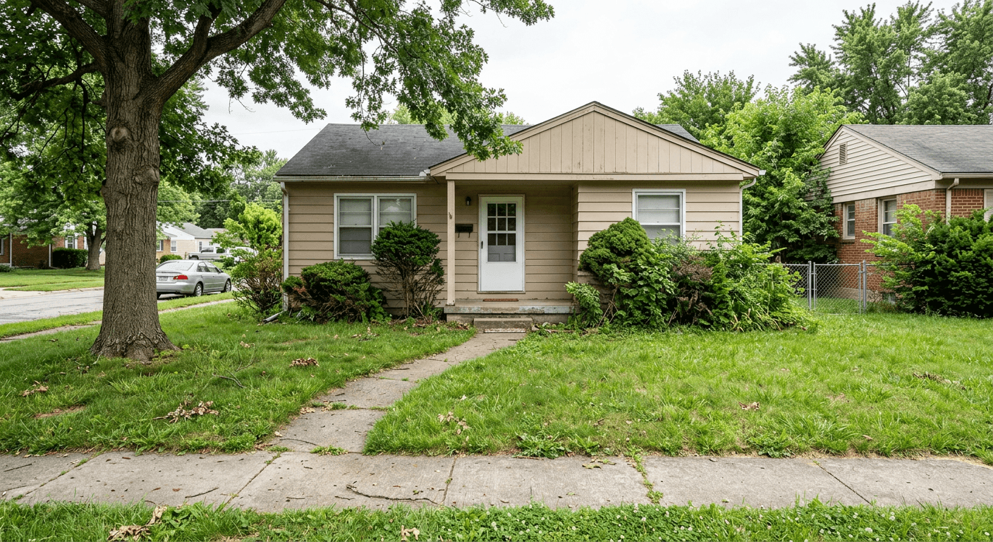 A basic, unstyled front yard lacking architectural definition, serving as the baseline for an AI landscape redesign.