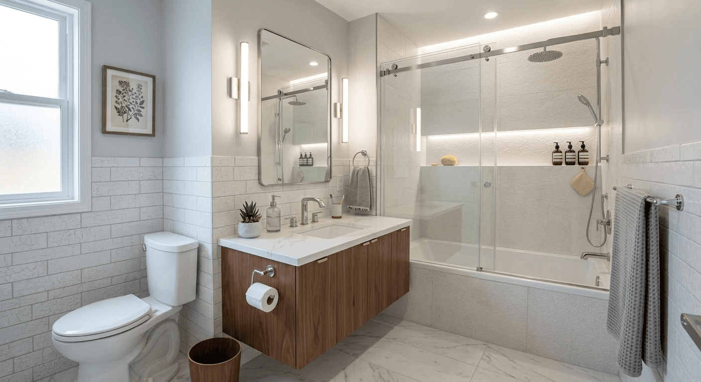 Modern AI generated bathroom renovation preview showing new tiles, vanity, and modern fixtures
