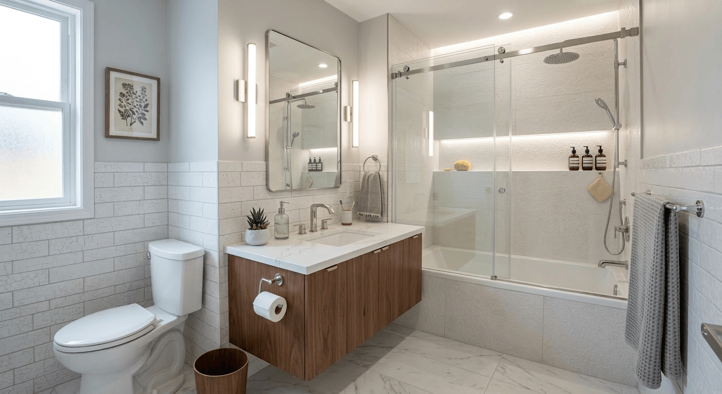 AI Rendered Preview your dream bathroom renovation. See tile, vanity, fixtures, and finishes before the demolition starts.