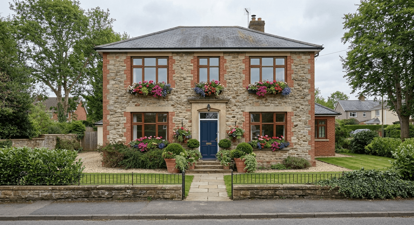 Property exterior after AI-generated addition of flower boxes and planters