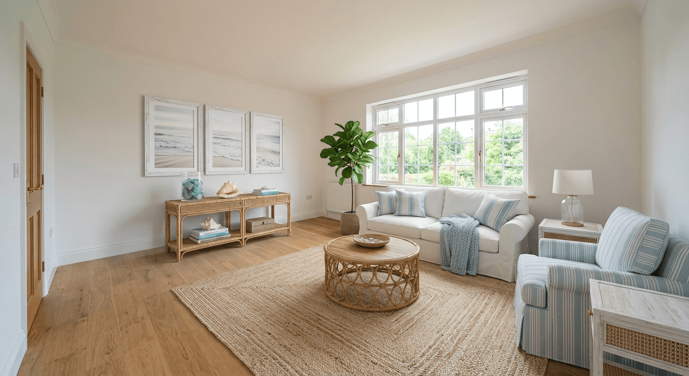 Beautifully staged room with breezy coastal vibes and ocean-inspired decor