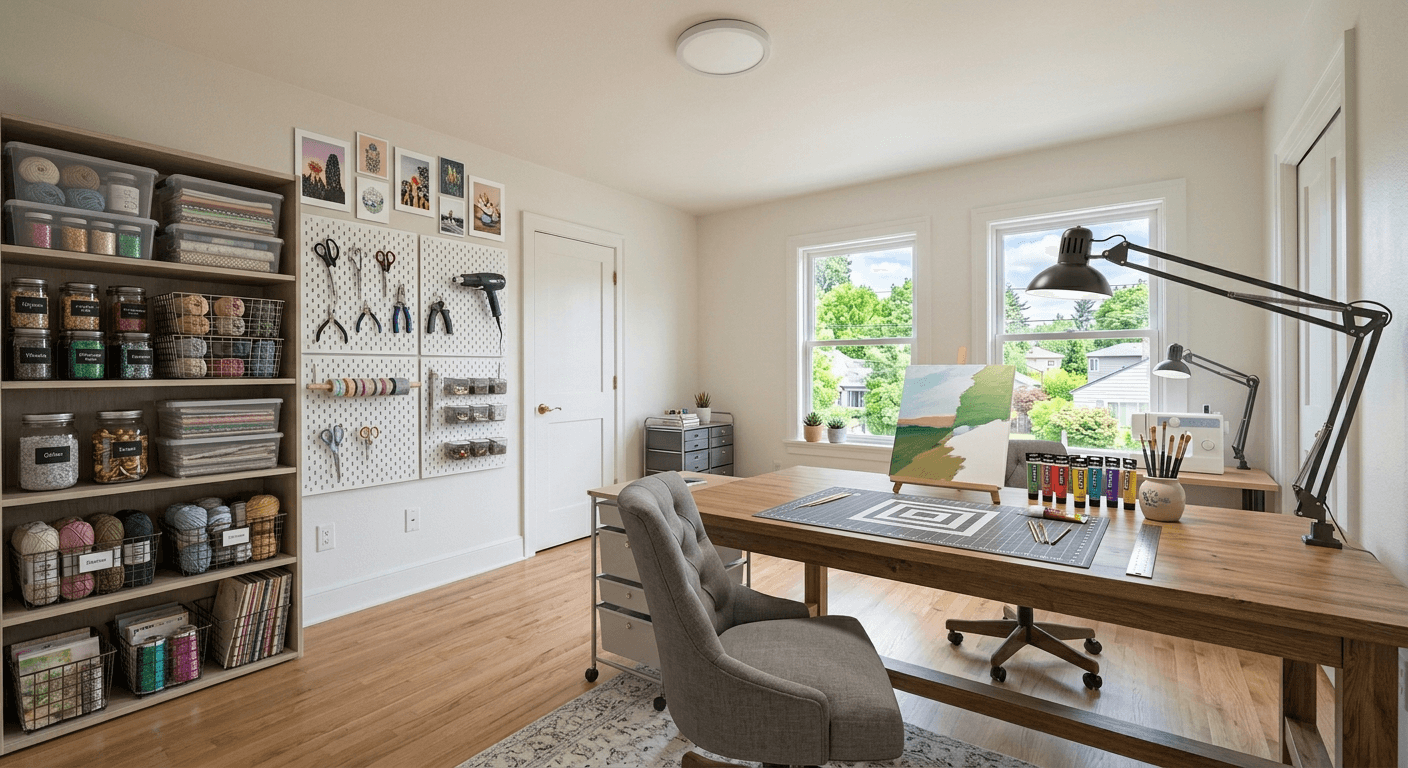 Beautifully virtually staged craft room featuring organized storage, a large workstation, and inspiring decor