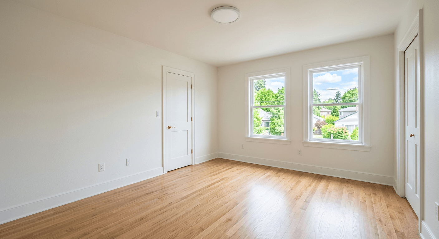 Empty, uninspiring spare room before virtual staging for a craft and hobby space