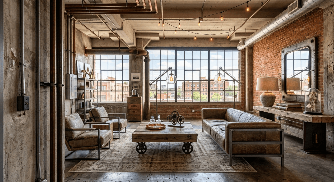 AI-generated industrial-chic staged loft featuring distressed leather furniture, warm ambient lighting, and refined decor elements