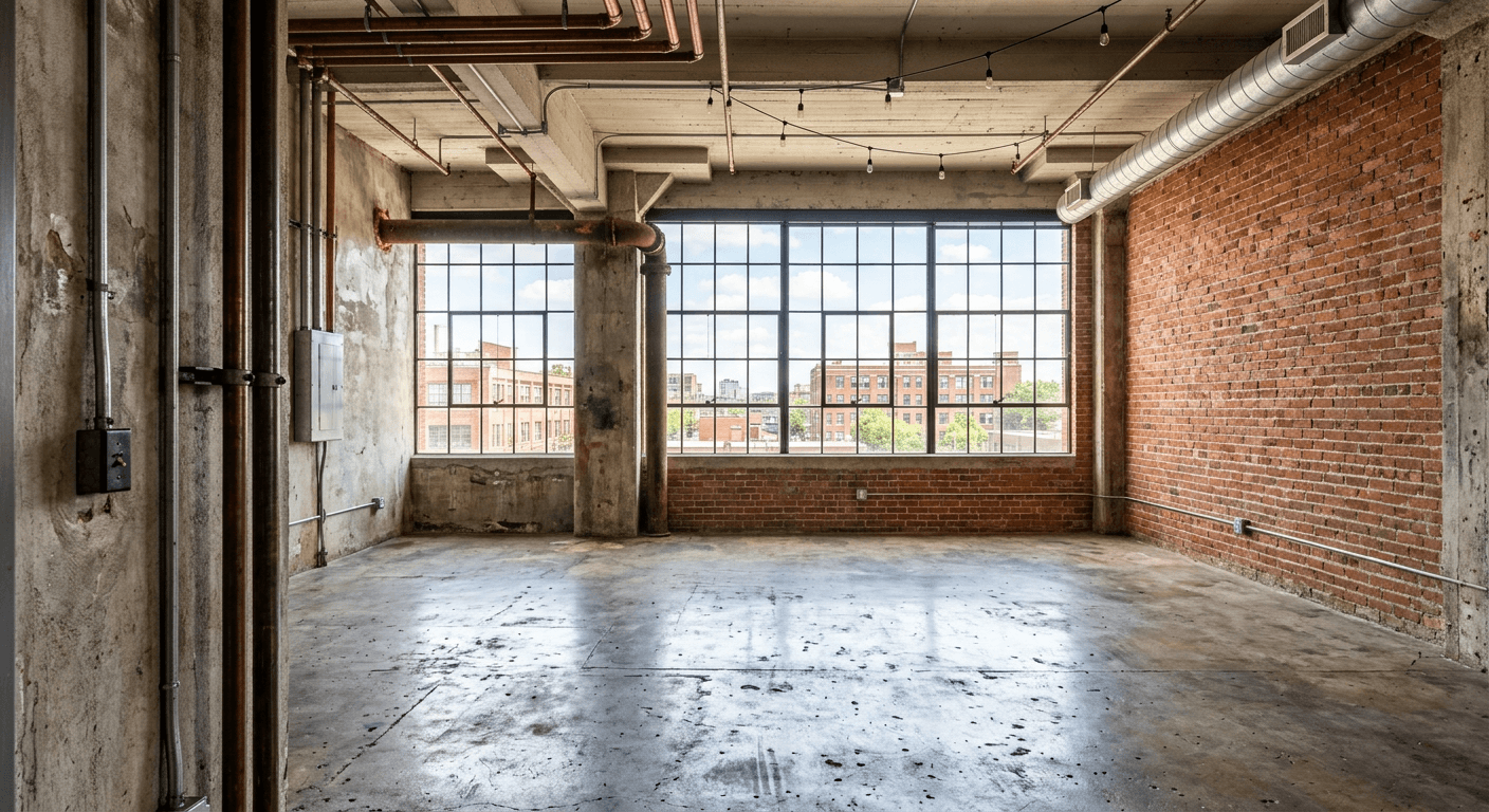 Empty raw urban loft space with exposed brick, concrete floors, and large industrial windows before virtual staging